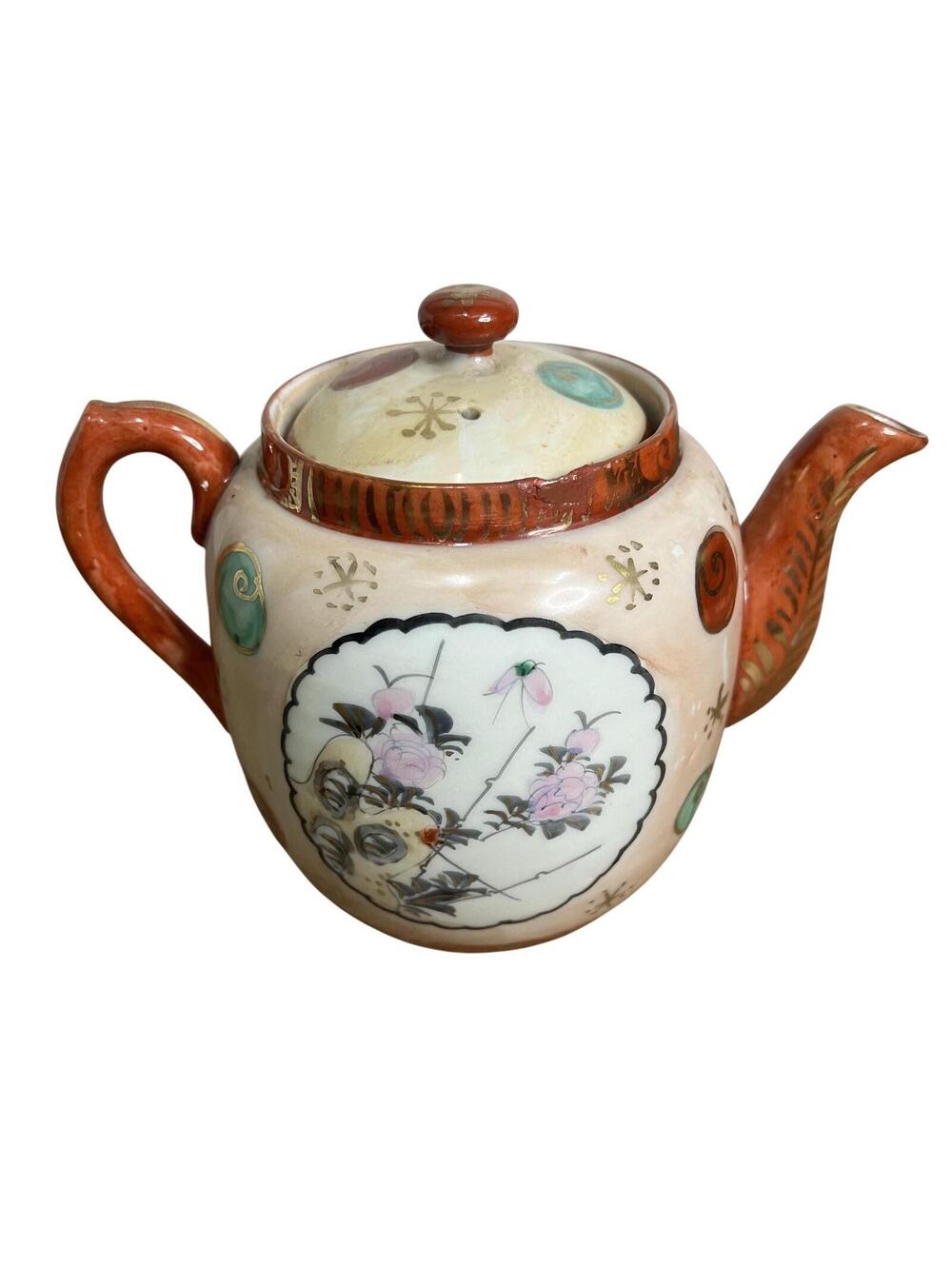Vintage Hand Painted Porcelain Geisha Teapot Pink Floral Gold Trim Unmarked